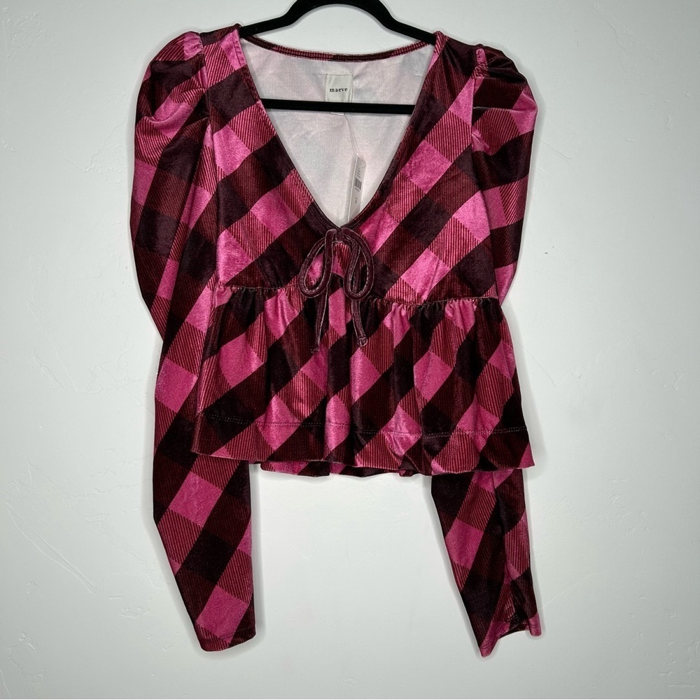 NWT Maeve Velvet Pink Maroon Plaid Puff Sleeve Top Low Cut Size Medium